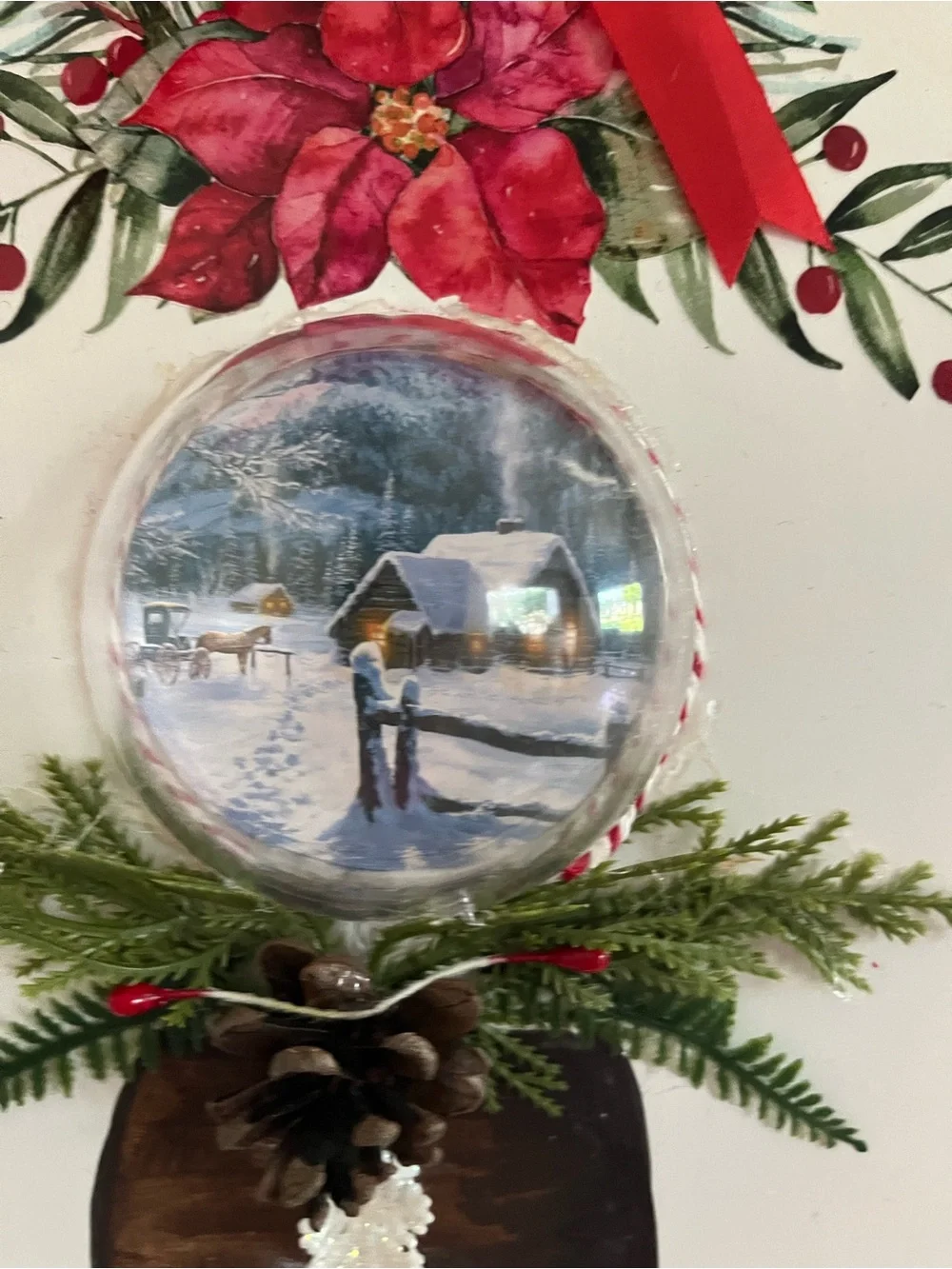 White Holiday Door Wreath Accent with Red Poinsettia and Snow Globe